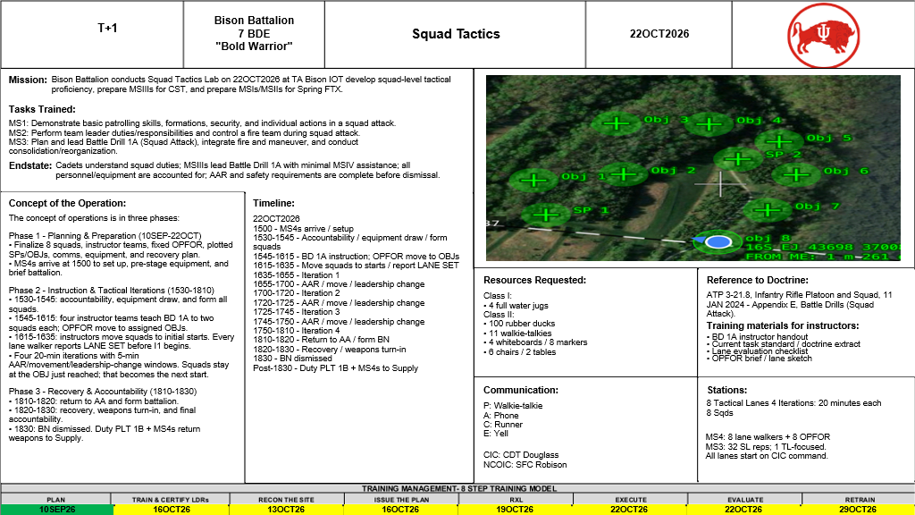 Bison Battalion Squad Tactics CONOP for 22 October 2026, including introduction, safety, risk assessment, CASEVAC and weather contingency details.